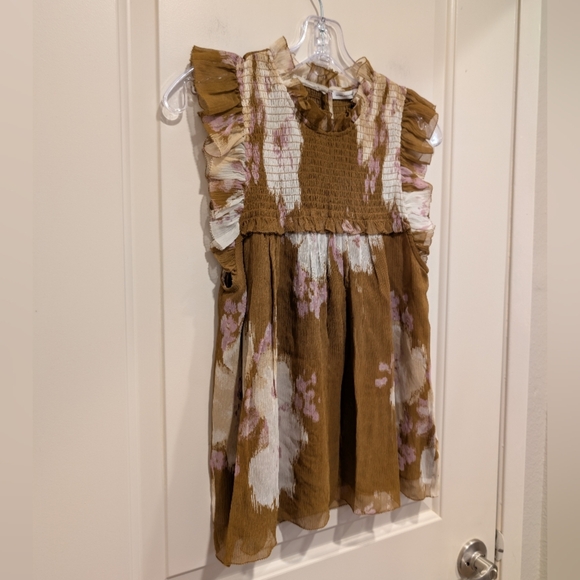 100% Silk Unsubscribed Smocked Chiffon Floral Tan Tank Top Size 2 - Picture 4 of 6